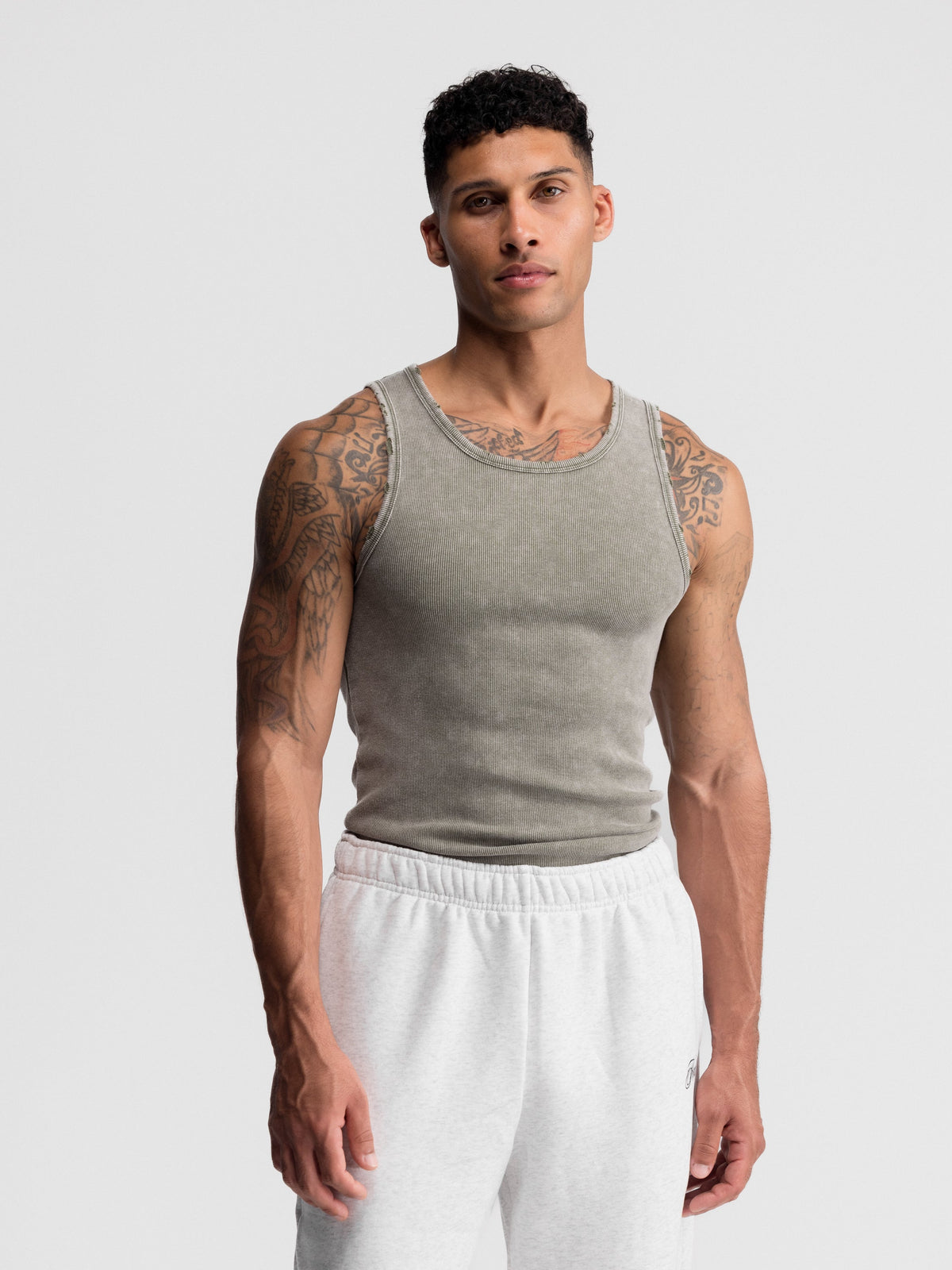 Distressed Fitted Tank 2 Pack worn — Washed Olive