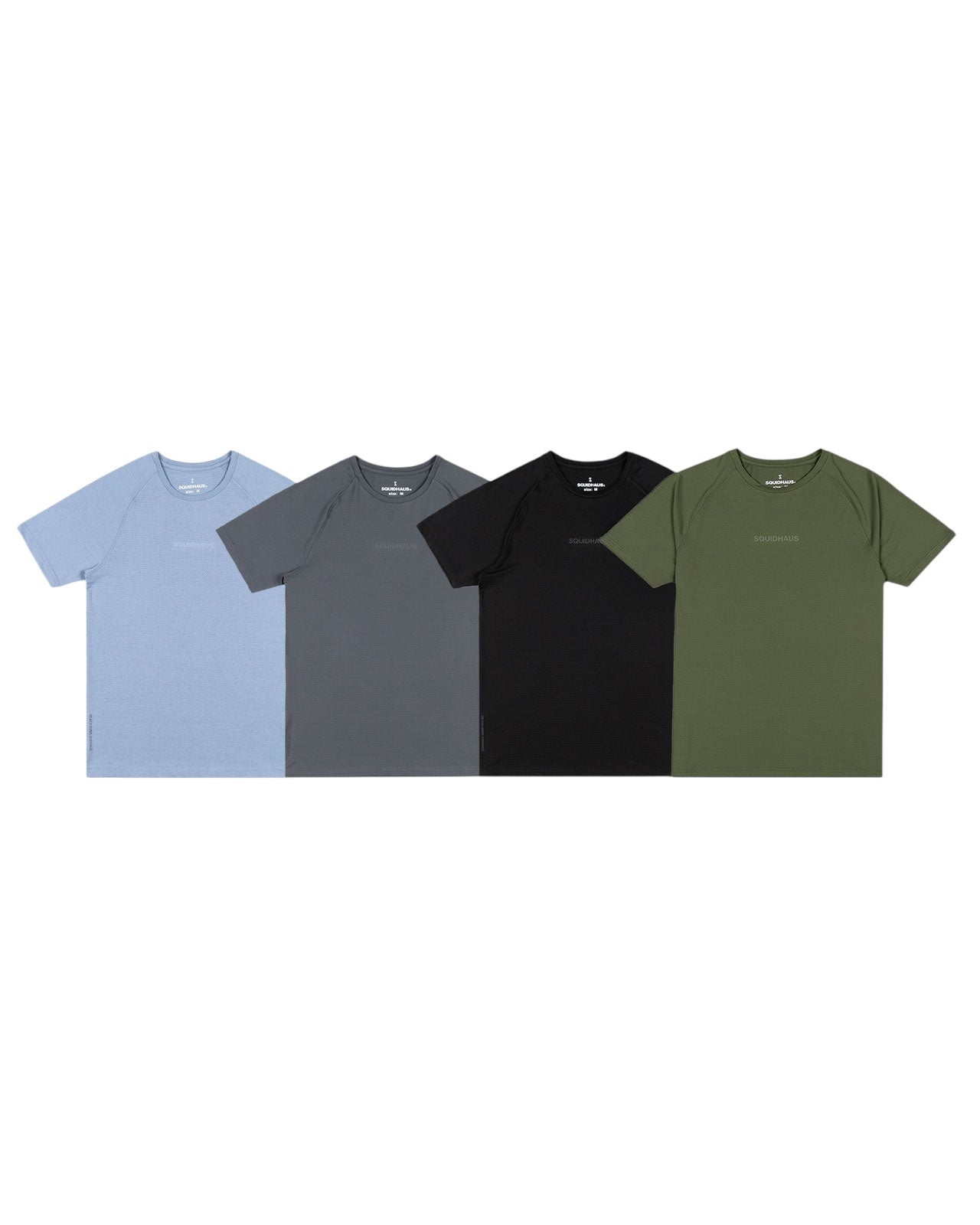 Four Squidhaus shirts in blue, gray, black, and green. Comfortable and stylish unisex tees for everyday wear.