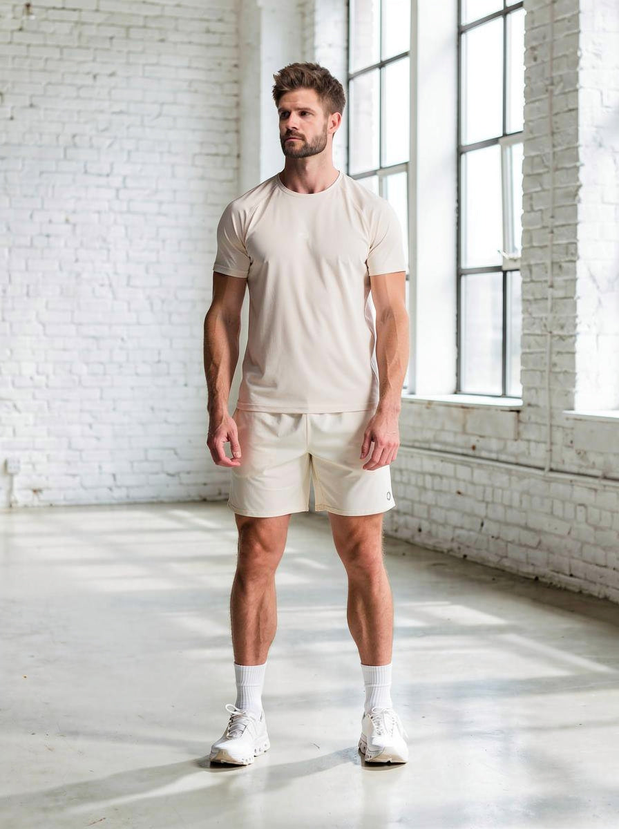 The Essentials Set worn — short sleeve tee and 5 inch short