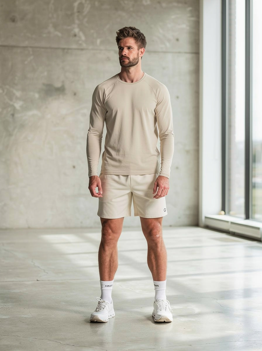 The Essentials Set — short sleeve tee, long sleeve tee and 5 inch short, concrete studio