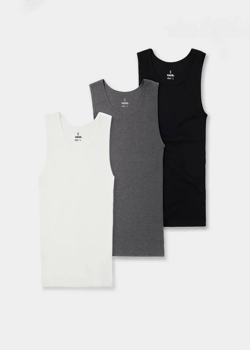 Fitted Tank 3 Pack flatlay — black, white and grey
